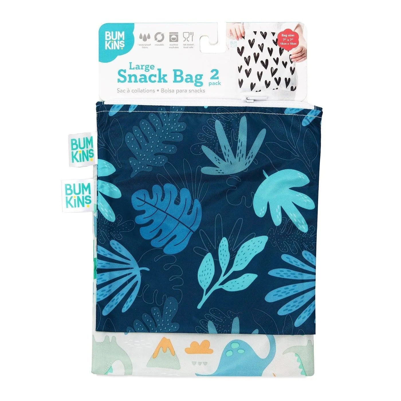 Bumkins Reusable Snack Bag 2pk Large - Dino, Blue Tropics