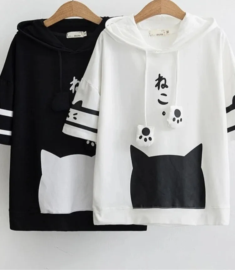 T Shirt Women Harajuku Japan Style Kawaii Cat Tshirt White Hooded Short Sleeve Cotton Girls Tumblr Friends Tshirts