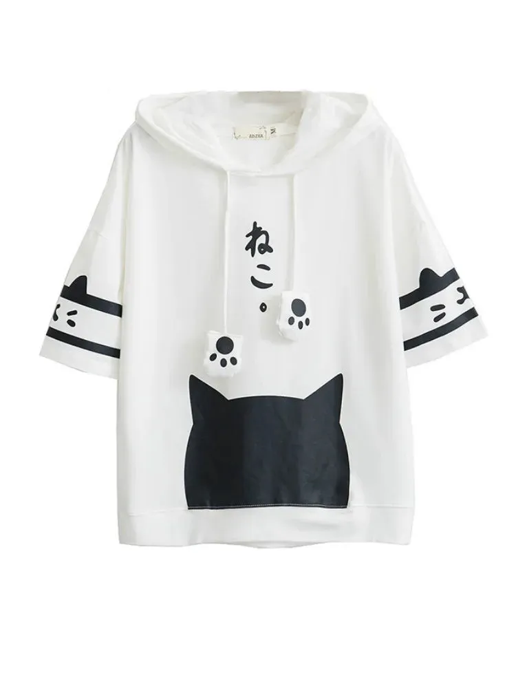 T Shirt Women Harajuku Japan Style Kawaii Cat Tshirt White Hooded Short Sleeve Cotton Girls Tumblr Friends Tshirts